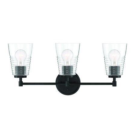 Designers Fountain Ingo 24in 3-Light Matte Black Modern Indoor Vanity Light with Clear Ribbed Glass Shade D230M-3B-MB